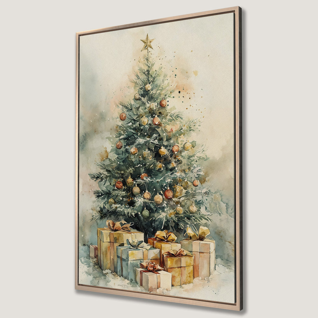 Framed Wall Art: Watercolor Christmas tree with gifts in a soft, neutral palette. Perfect holiday decor! Shop now for unique wall art.
