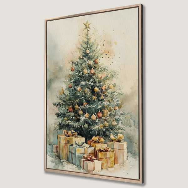 Framed Wall Art: Watercolor Christmas tree with gifts in a soft, neutral palette. Perfect holiday decor! Shop now for unique wall art.