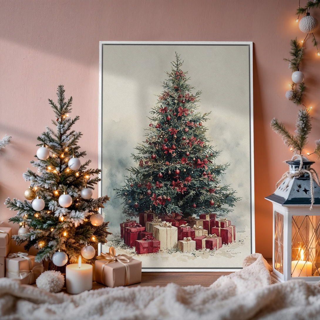 Framed Wall Art: Watercolor Christmas tree print in a cozy interior. Features red, green, and cream color palette, perfect for holiday decor.