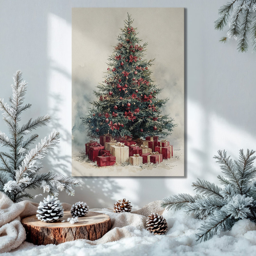 Framed Wall Art: Watercolor Christmas tree print with red accents, warm gold frame. Festive decor in green, red, and gold color palette.