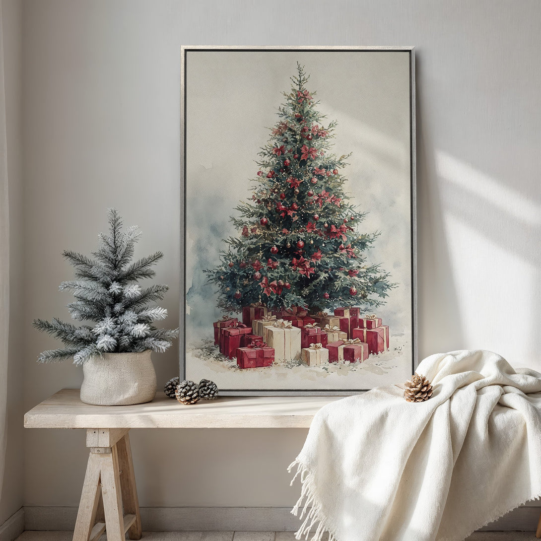 Framed Wall Art featuring a watercolor Christmas tree with red accents. Soft, neutral color palette. Perfect holiday decor for a cozy home.