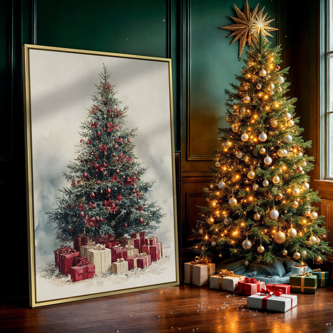 Canvas Print of a watercolor Christmas tree with red accents. Festive wall art in a muted green and red color palette, perfect for holiday decor.