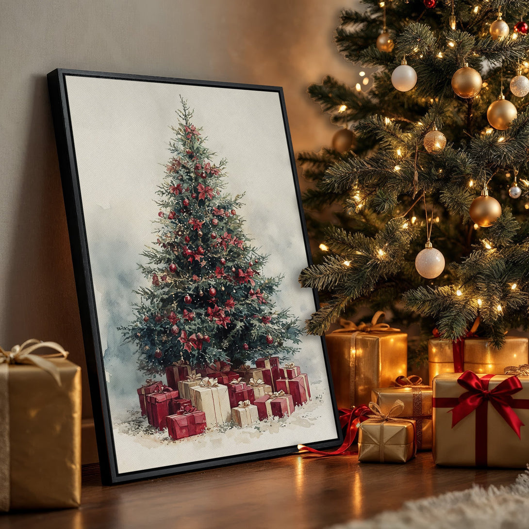 Framed Wall Art: Watercolor Christmas tree print with red and gold accents. Festive holiday decor in a warm, inviting color palette.