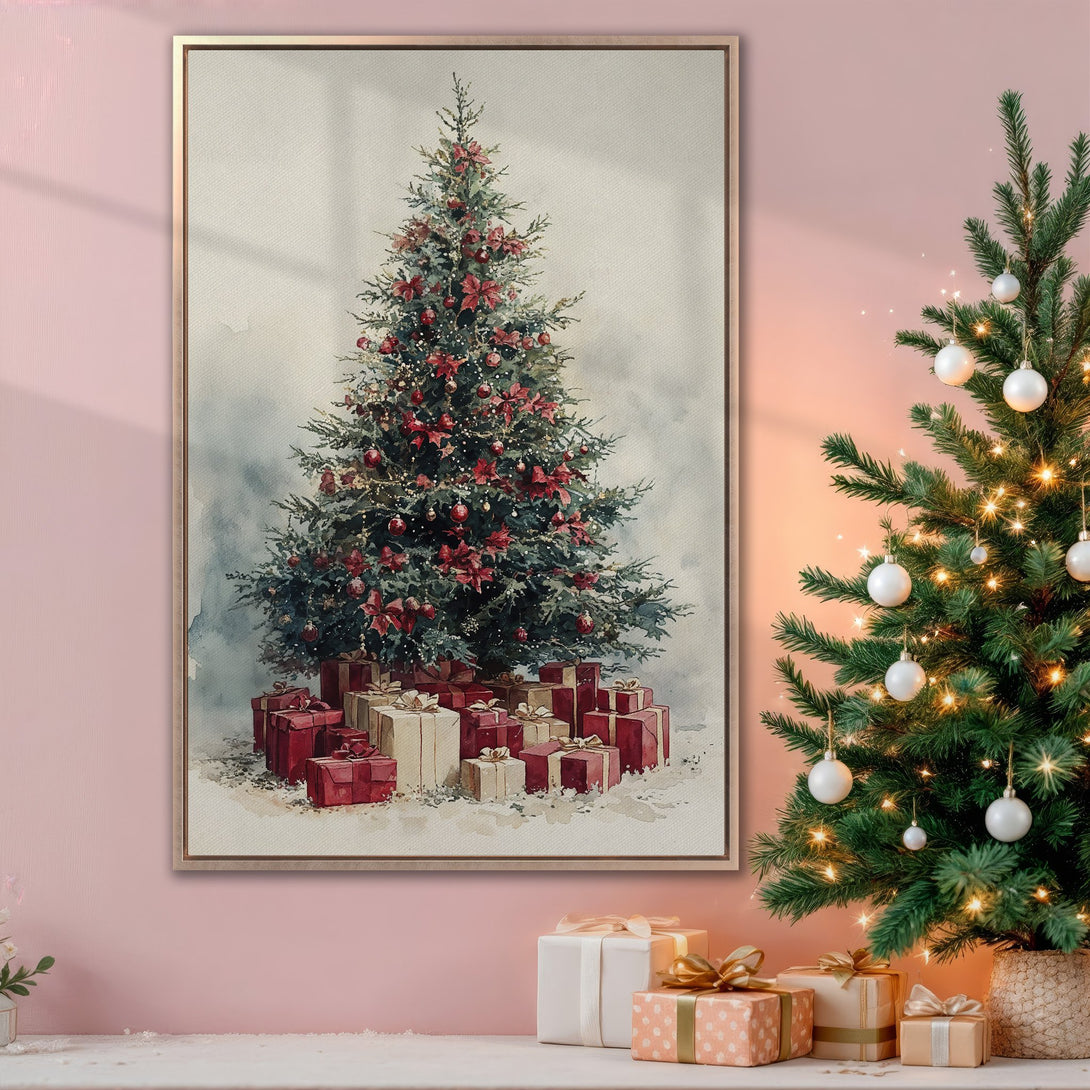 Framed Wall Art of a watercolor Christmas tree with red accents. Festive holiday decor in a warm, inviting color palette. Perfect for seasonal home styling.