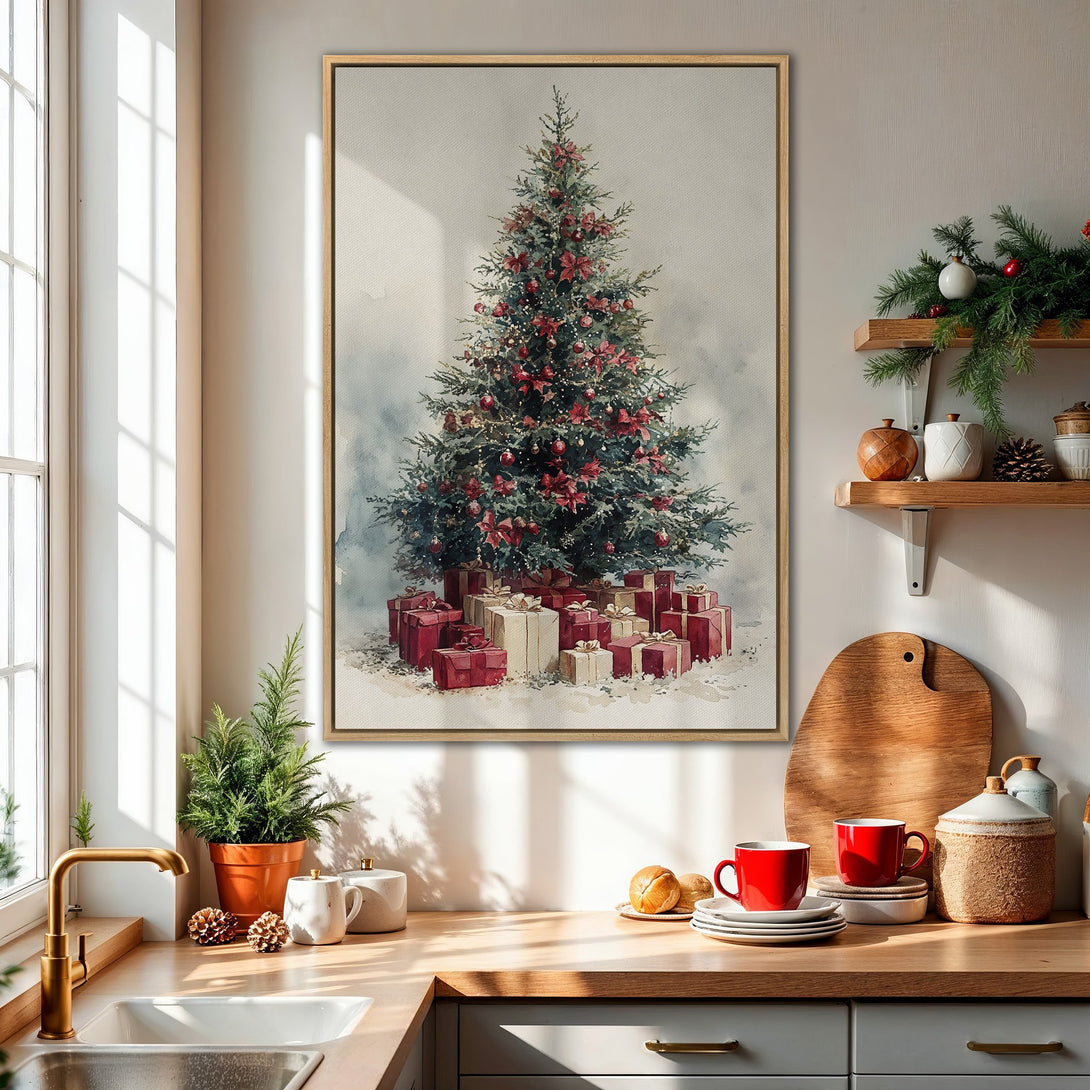 Framed Wall Art featuring a watercolor Christmas tree with red accents, displayed in a cozy kitchen. Warm, inviting color palette. Perfect holiday decor!