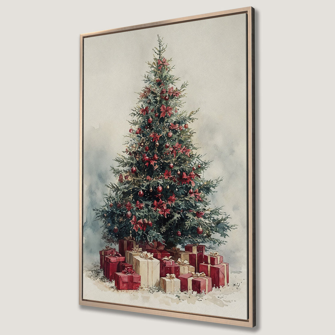Framed Wall Art featuring a watercolor Christmas tree with red bows and gifts. Festive decor in a warm, inviting color palette. Perfect holiday art!
