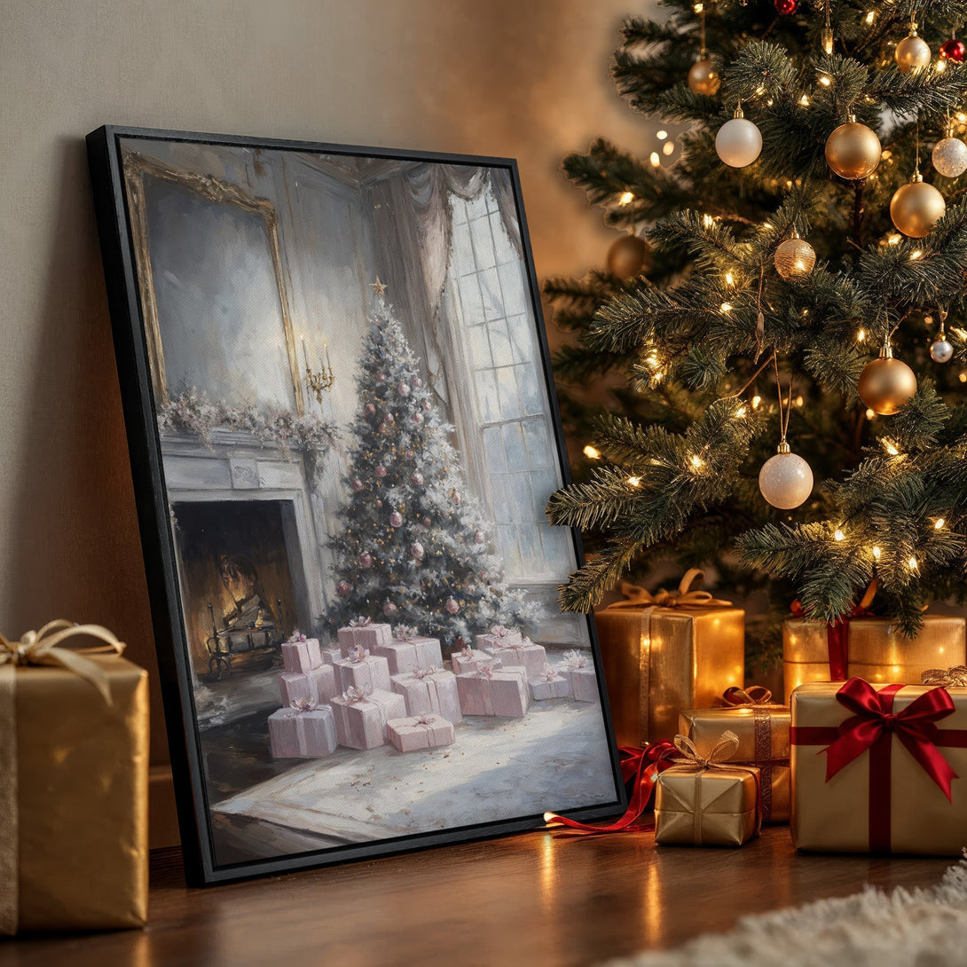 Framed Wall Art: Elegant Christmas scene with a snowy tree and gifts. Soft, pastel color palette adds a touch of holiday warmth. Perfect for festive decor.