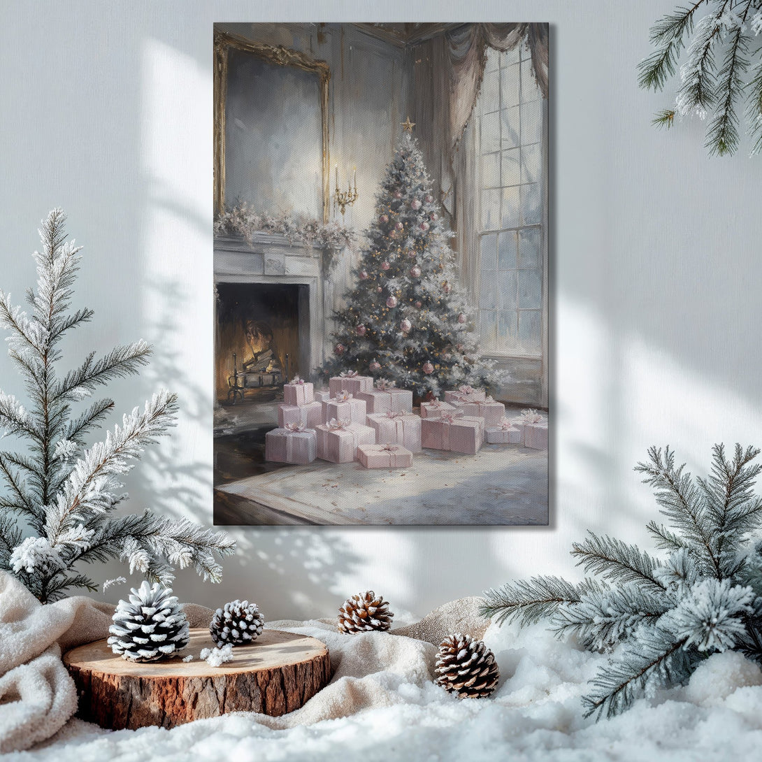 Framed Wall Art: Christmas scene canvas print with a cozy, warm color palette. Perfect for holiday decor!