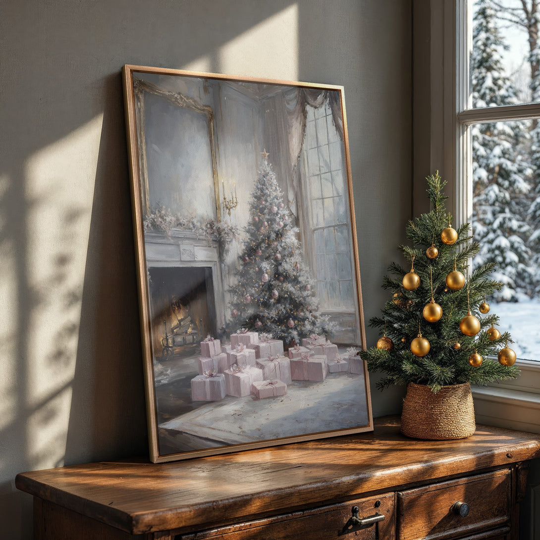 Framed Wall Art: Elegant Christmas scene canvas print. Featuring a soft, pastel color palette, this vintage-style artwork adds a touch of holiday charm to any home.