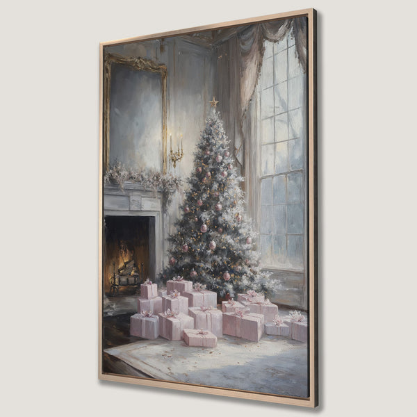 Framed Wall Art: Elegant Christmas scene with a decorated tree and pink gifts. Soft, pastel color palette. Perfect holiday decor.