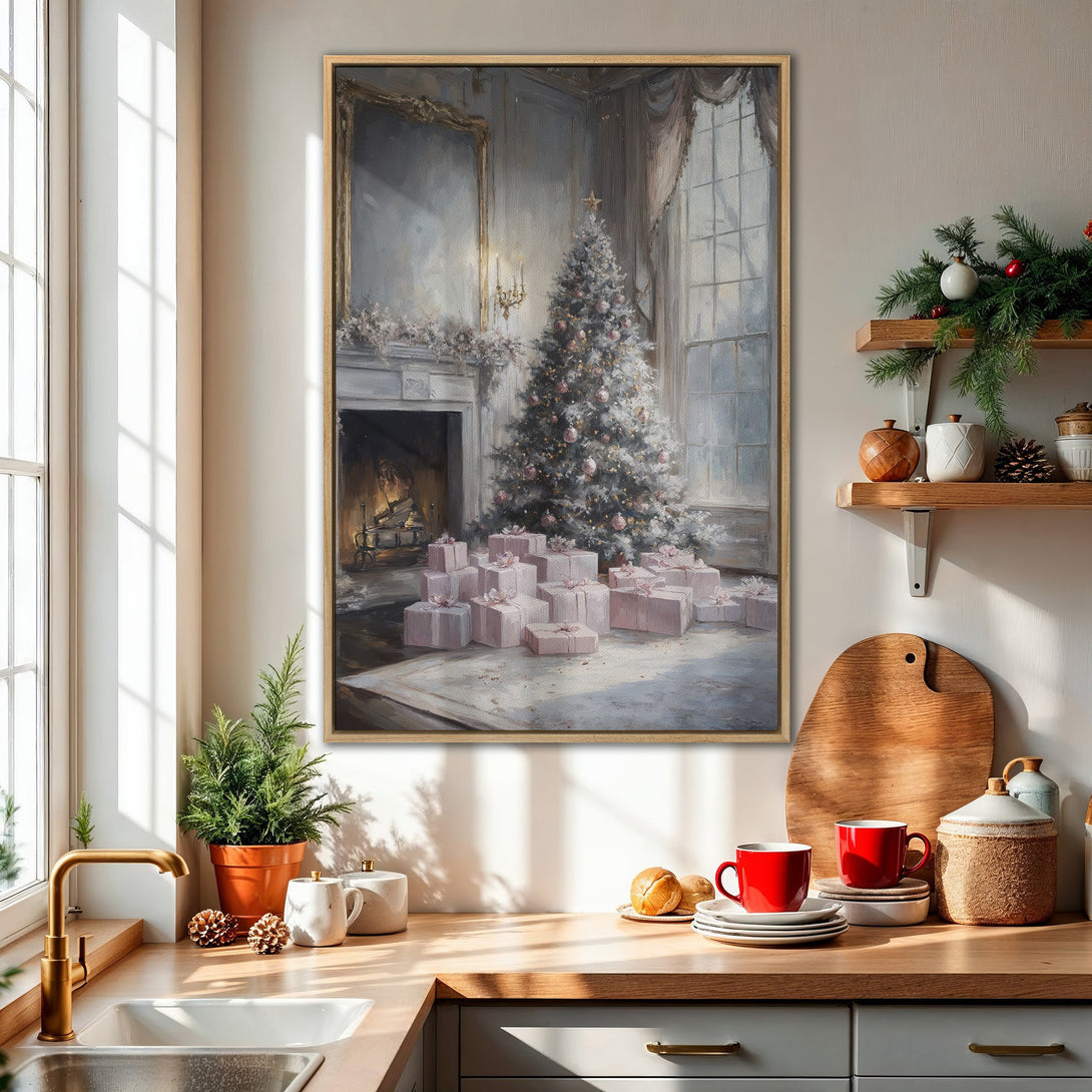 Framed Wall Art featuring a Christmas scene with a tree and presents, painted in a soft, impressionistic style with a muted, pastel color palette.