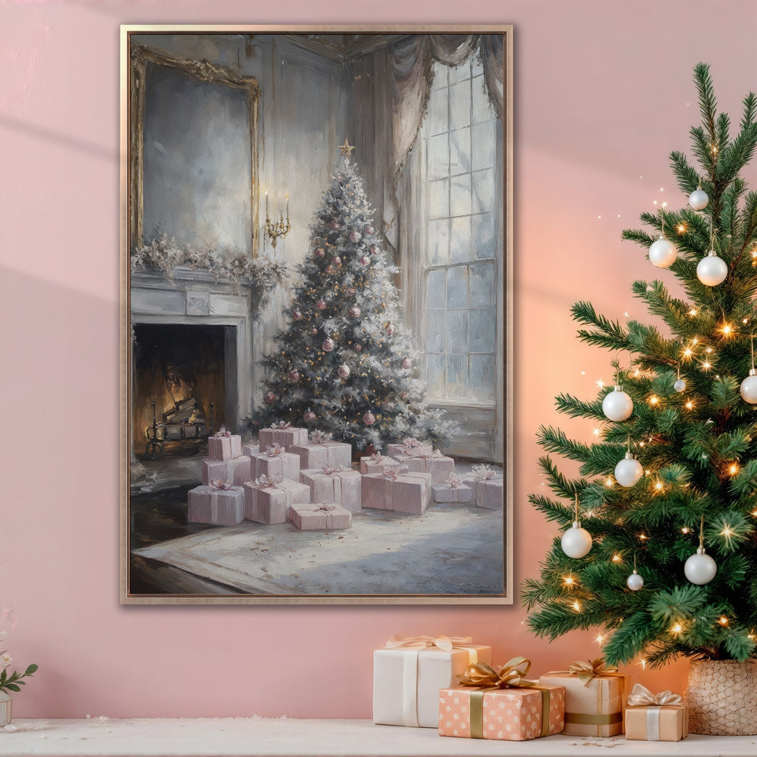 Framed Wall Art of a festive Christmas scene in soft pink and gray tones. Elegant Canvas Print adds a touch of holiday charm to any space.