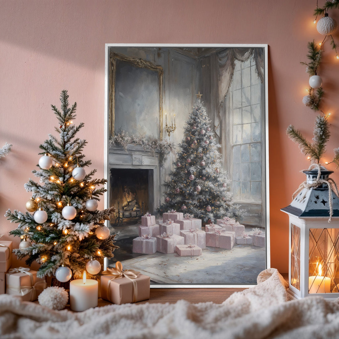 Framed Wall Art: Elegant Christmas scene canvas print in pastel shades, perfect for holiday decor. Featuring a cozy interior with a Christmas tree.