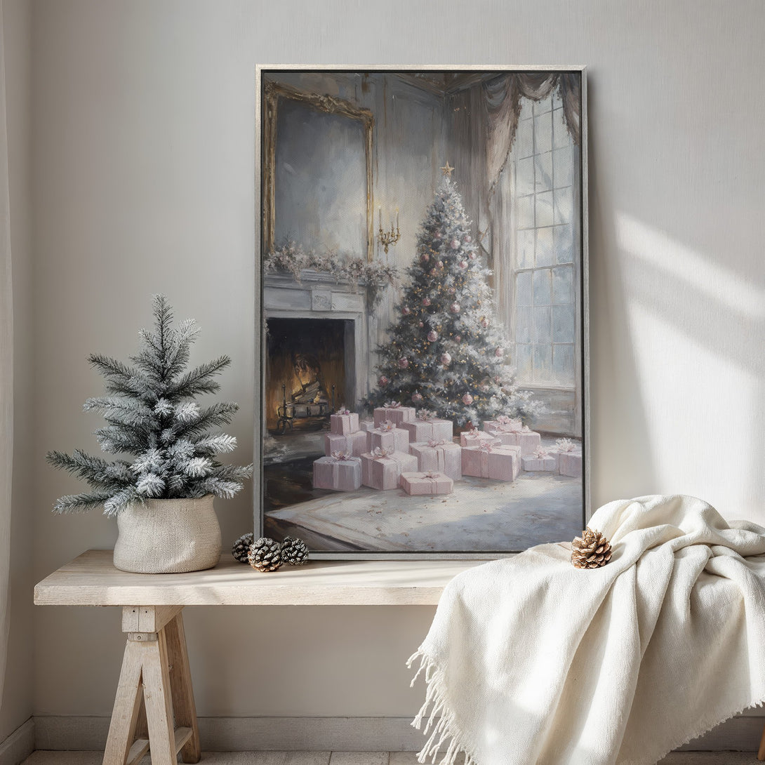 Framed Wall Art: Elegant Christmas scene Canvas Print with a soft, pastel color palette. Perfect for adding a touch of holiday charm to any space.