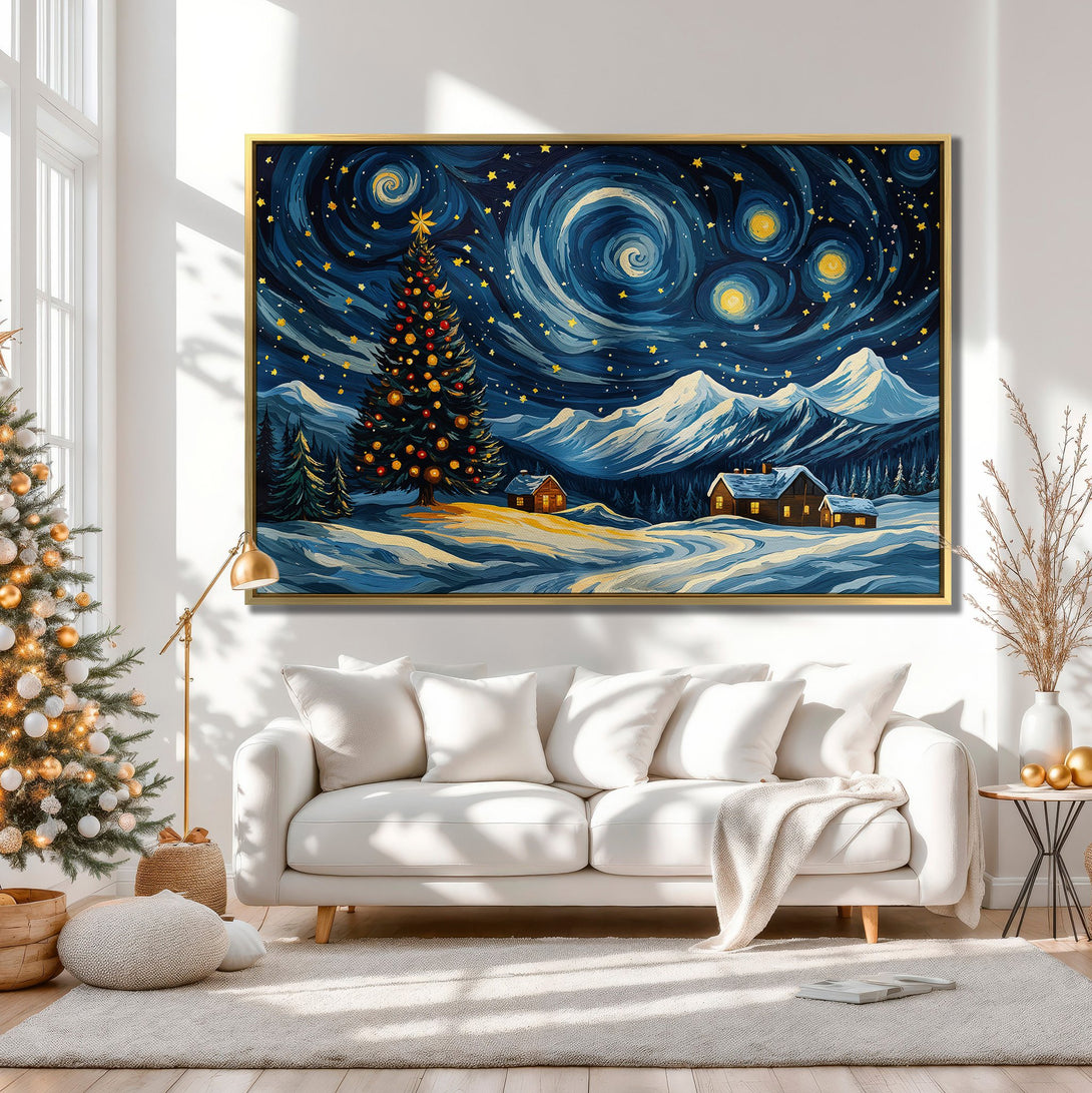 Canvas Print of a winter landscape with a Christmas tree, in a Van Gogh-inspired style with a blue and gold color palette. Perfect holiday wall art!