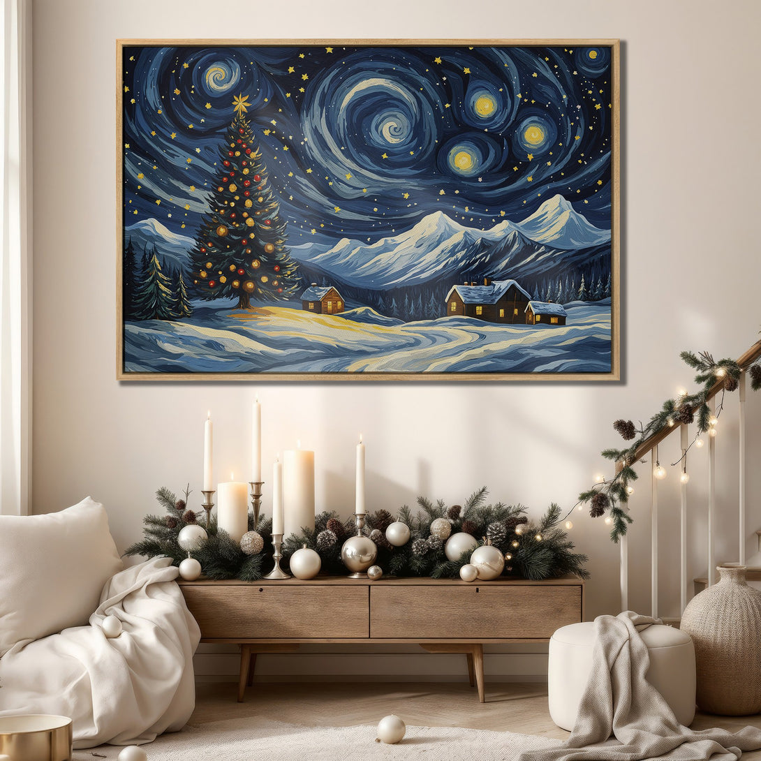 Framed Wall Art: Winter landscape Canvas Print with a starry night sky and Christmas tree. Blue and white color palette, perfect for holiday decor.