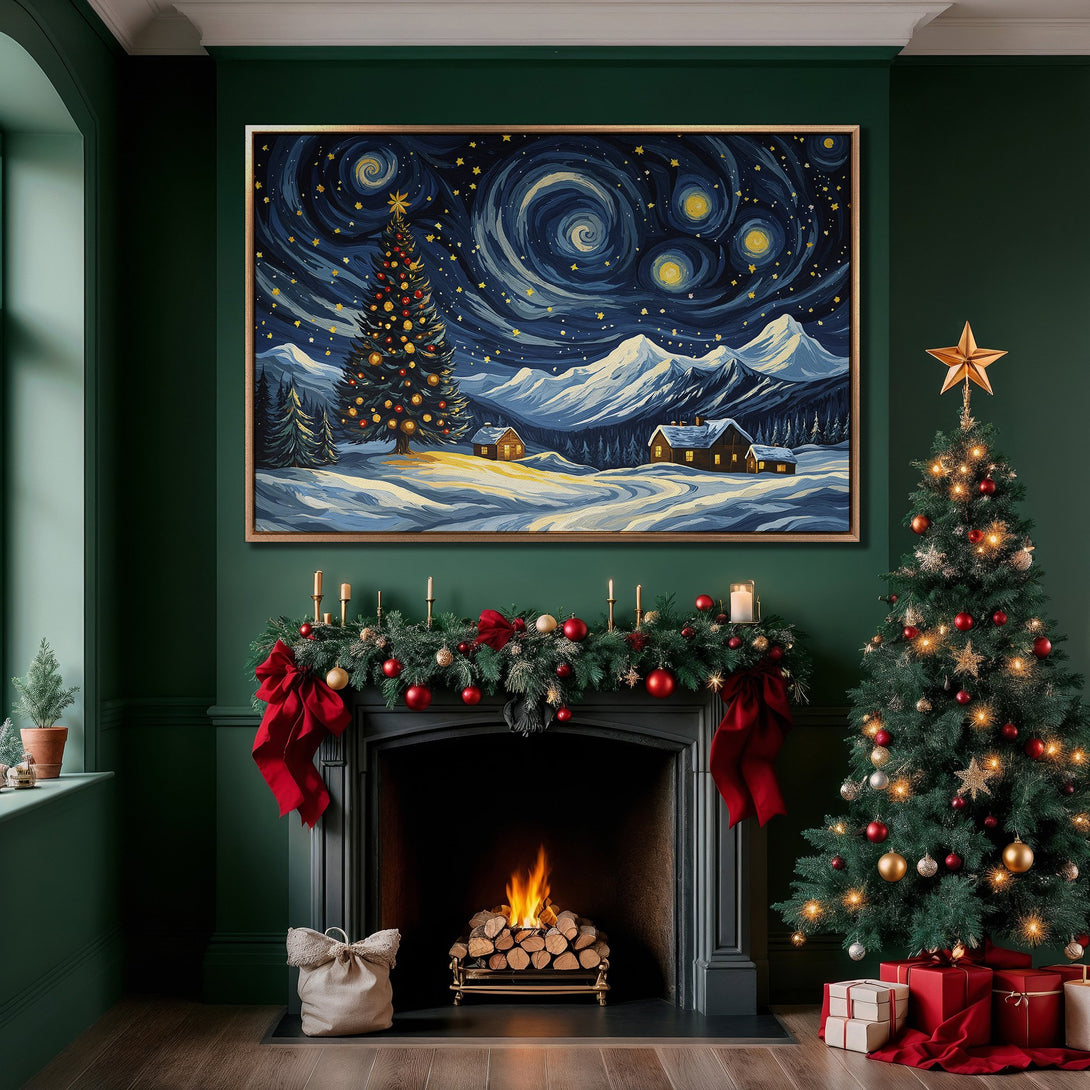 Framed Wall Art: Winter landscape Canvas Print in a cozy interior. Features a starry night sky, snowy mountains, and a warm color palette. Perfect for holiday decor!