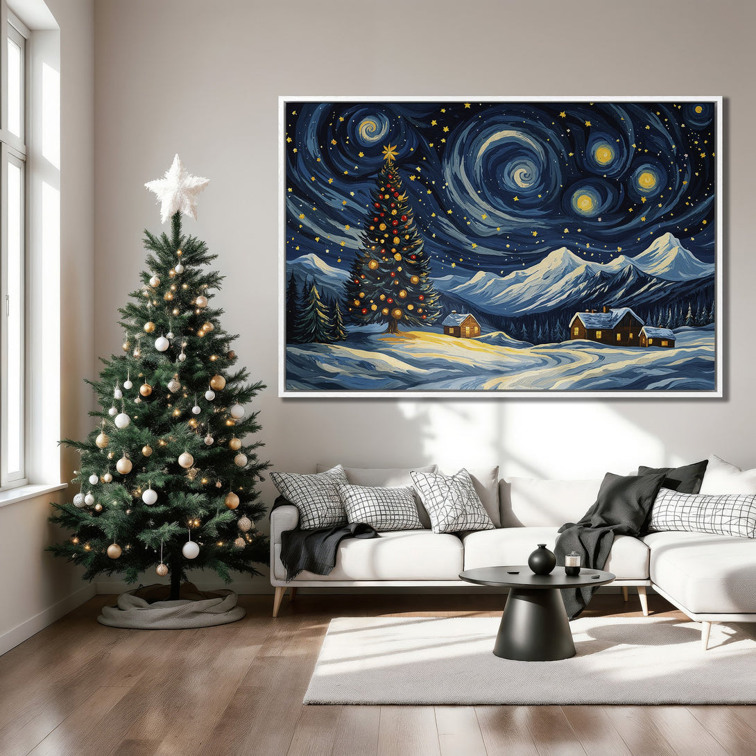 Framed Wall Art: Winter landscape Canvas Print with a starry night sky, Christmas tree, and mountain scene in blue and gold. Perfect holiday decor.