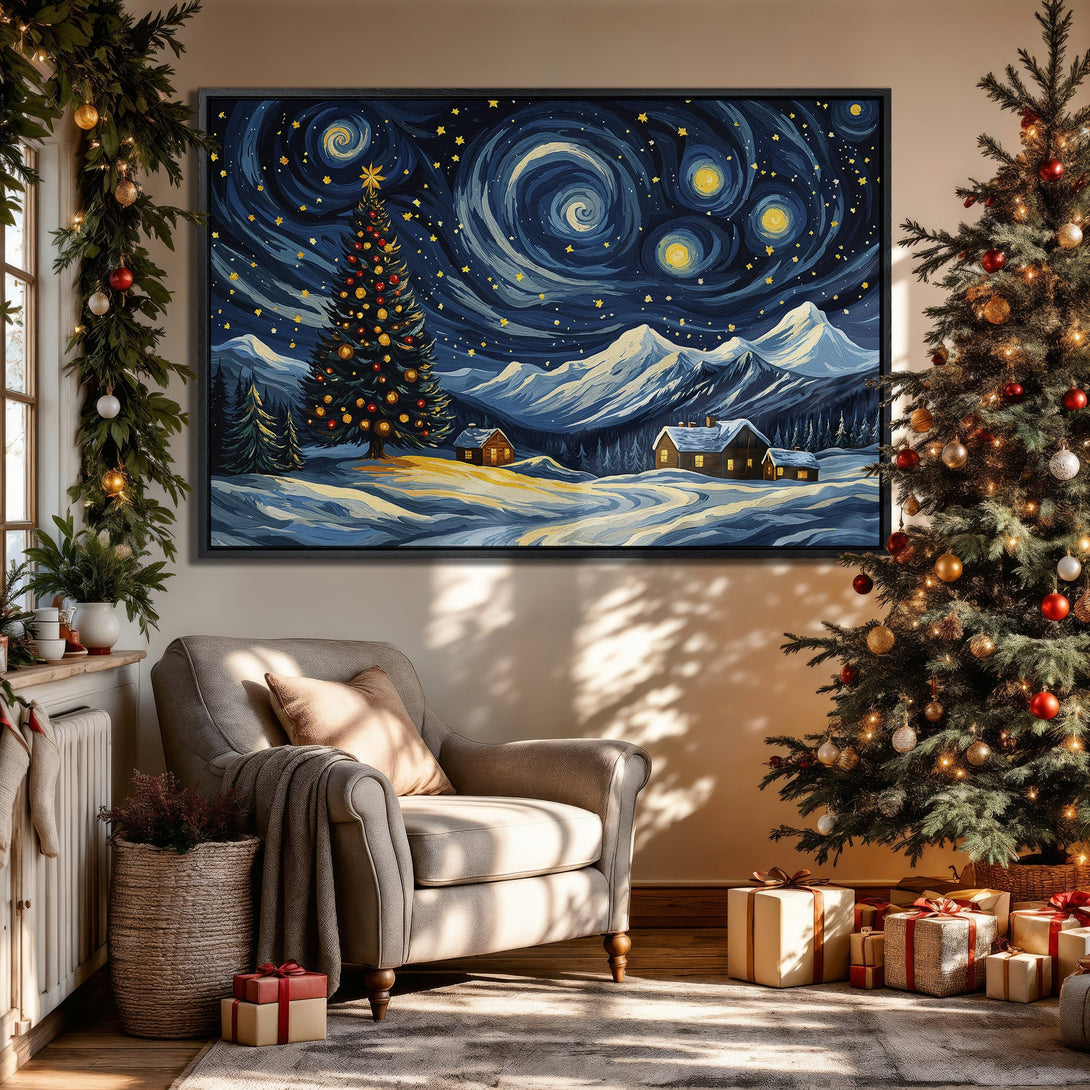Framed Wall Art: Winter landscape Canvas Print in blue & gold tones. Cozy interior decor featuring a Christmas tree and armchair.