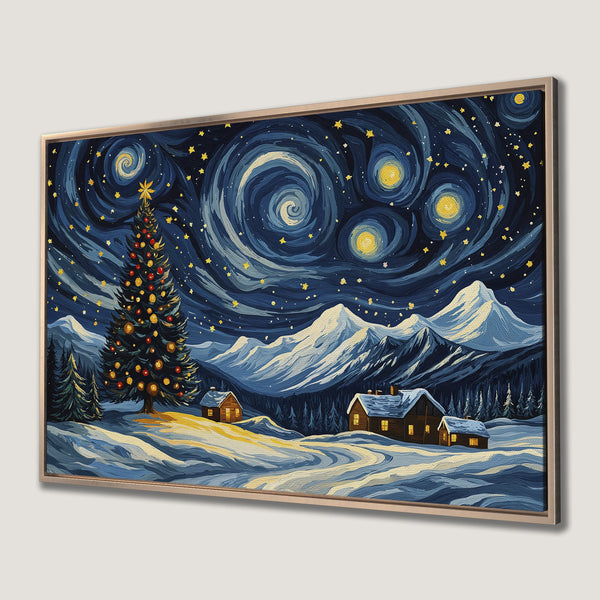 Framed Wall Art: Winter landscape canvas print with a starry night sky, Christmas tree, and cabins. Blue, yellow, and white color palette. Perfect holiday decor.