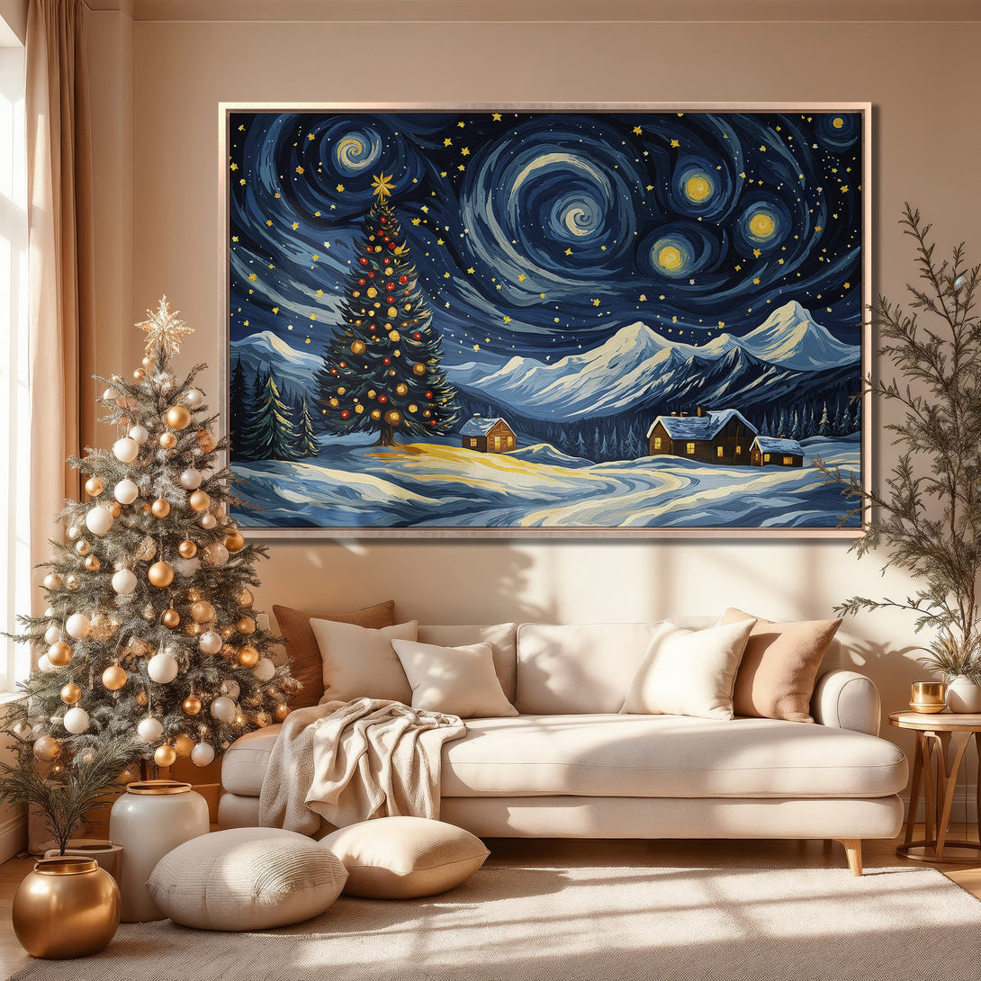 Framed Wall Art: Winter landscape Canvas Print with a starry night sky and Christmas tree. Blue, gold, and white color palette, perfect for holiday decor.