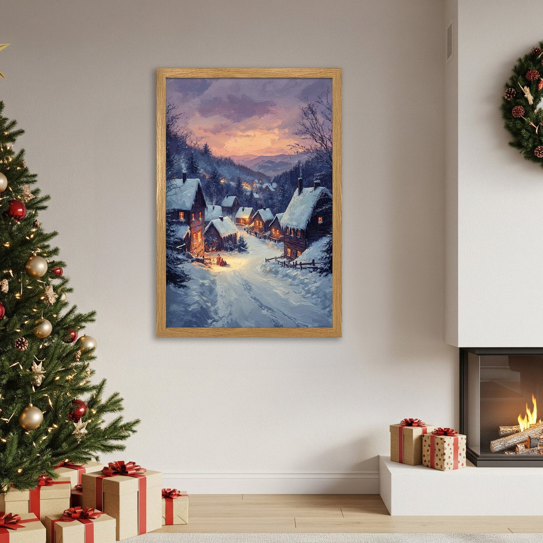 Framed Poster of a winter village scene. Cozy art with a blue, purple, and gold color palette. Perfect Christmas decor!