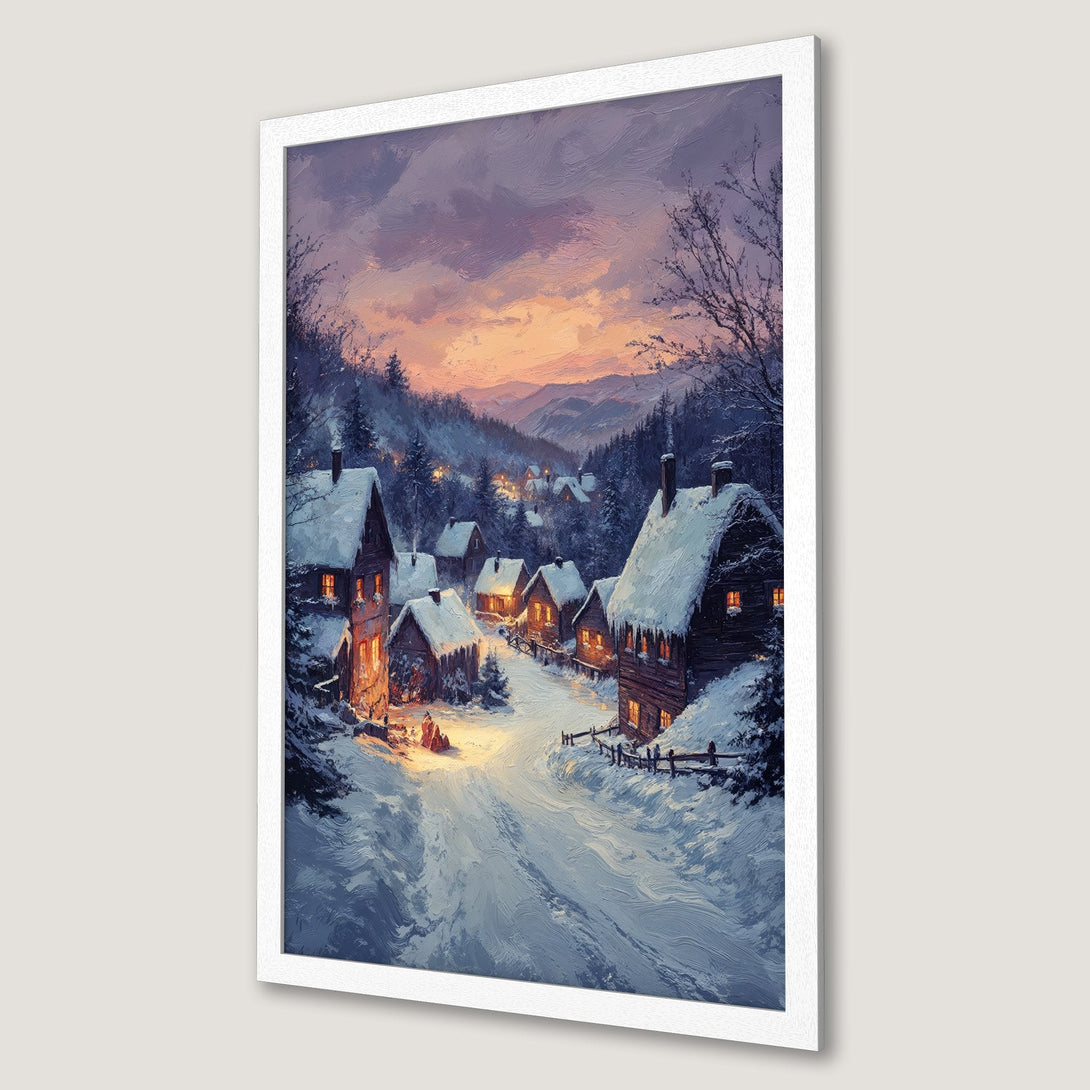 Framed Poster of a winter village scene. Oil painting style with a cool blue and warm orange color palette. Perfect for cozy decor.