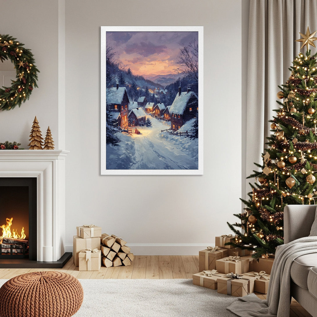 Framed Poster of a winter village scene. Warm, inviting painting style with a cool blue and orange color palette. Perfect holiday decor.