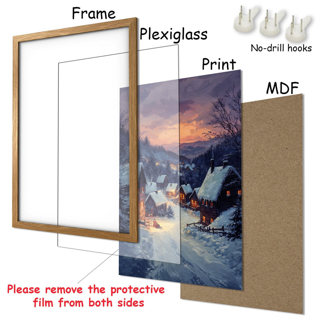 Framed Poster of a winter village scene, featuring a warm color palette. Perfect wall art for cozy decor.
