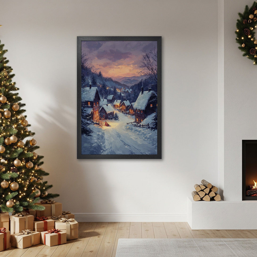 Framed Poster of winter village scene in a painterly style with a blue, purple, and gold color palette. Perfect holiday decor.