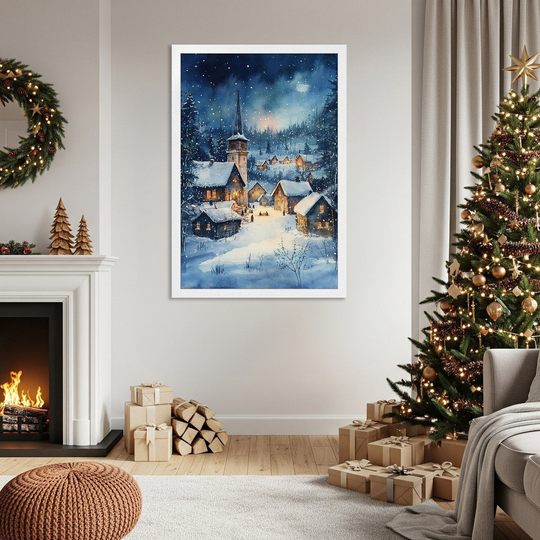 Framed Poster of a winter village watercolor painting in blue and white tones. Perfect Christmas decor!