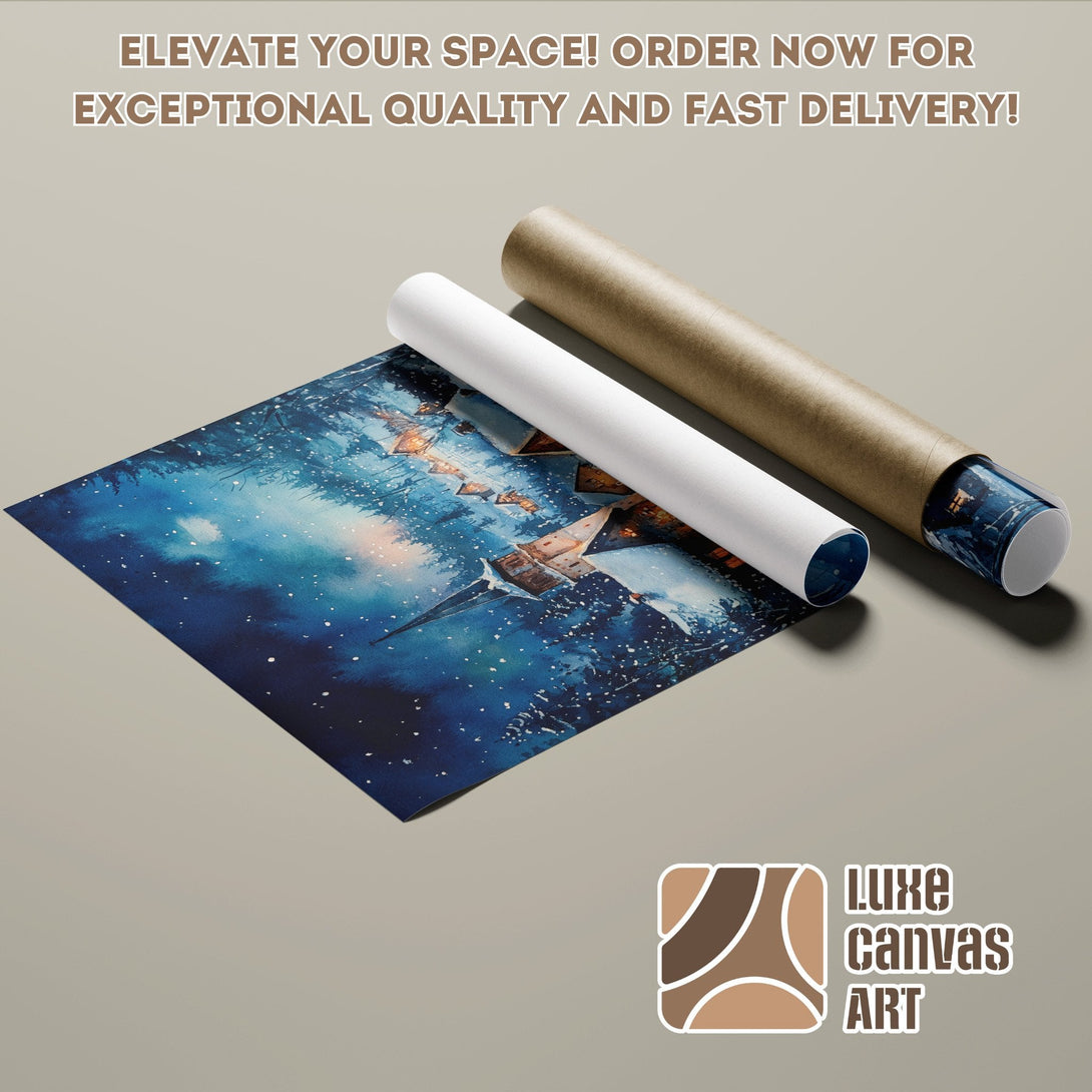 Poster Roll featuring a watercolor winter landscape in blue tones. Order your art today!