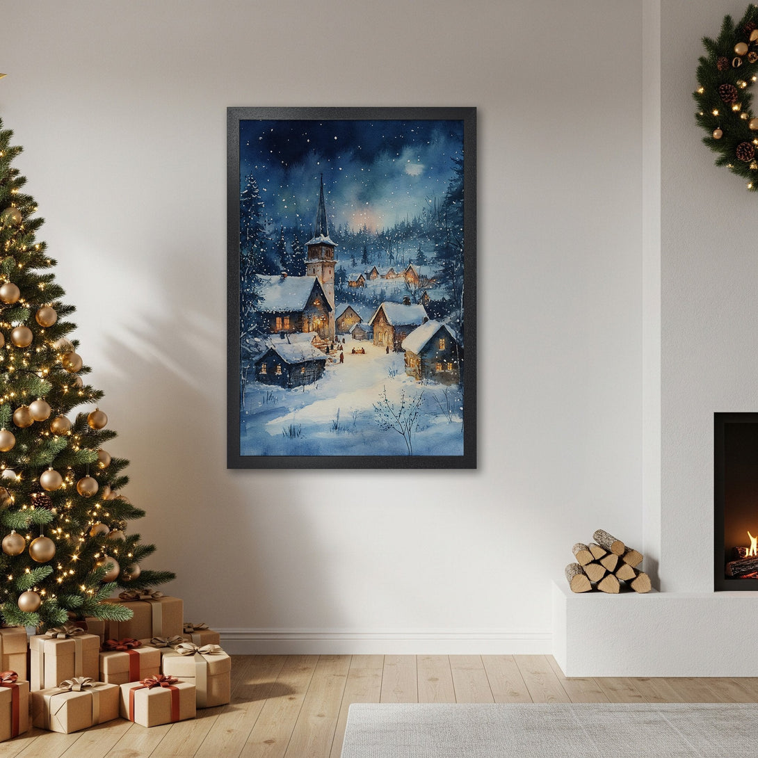 Framed Poster of a winter village watercolor painting in blue and white, perfect for holiday decor.