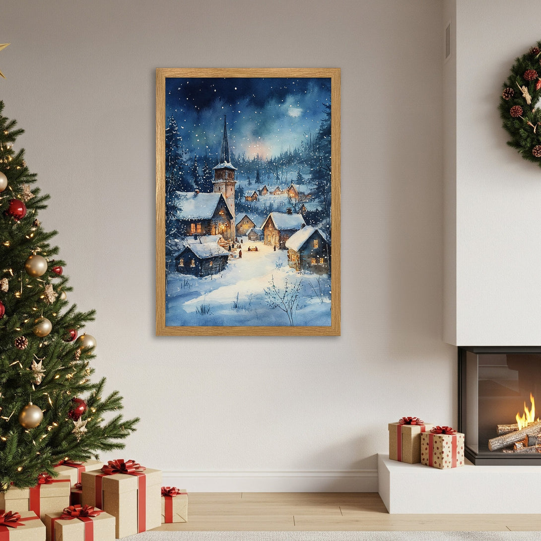 Framed Poster of a winter village scene in watercolor style, featuring blue, white, and warm tones, perfect holiday decor.