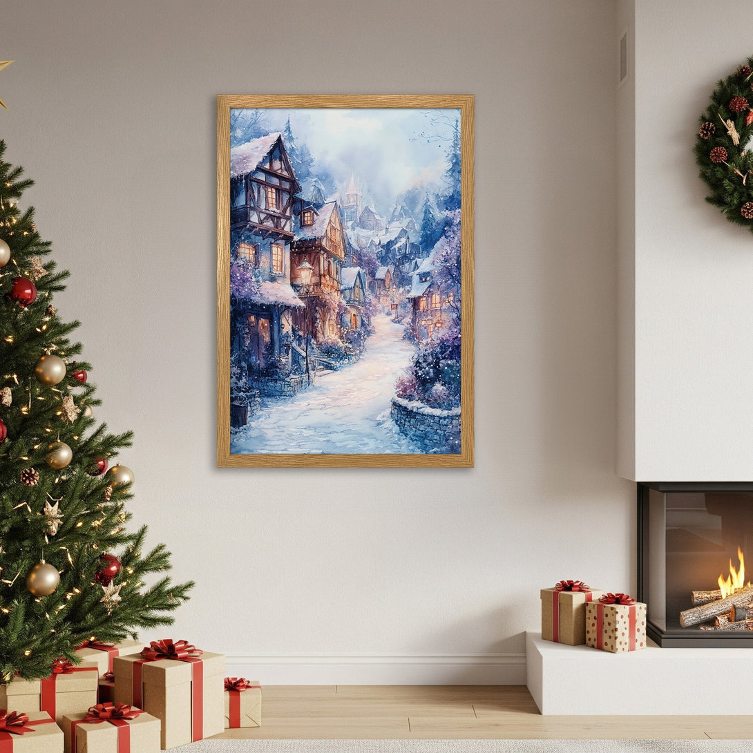 Framed Poster of a winter village scene, watercolor style, blue and warm tones. Perfect holiday decor!