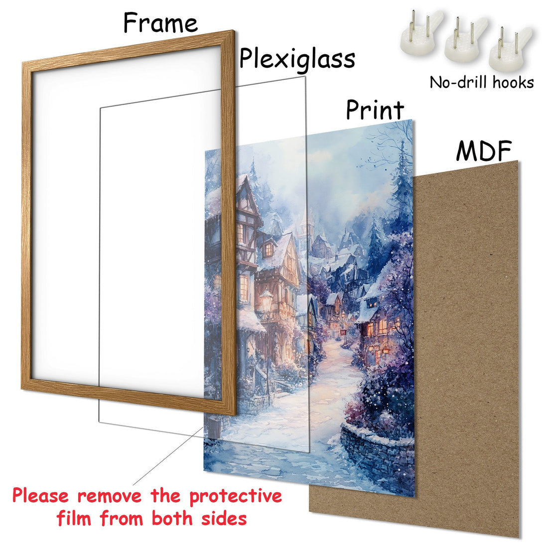 Framed Poster featuring a winter village scene in watercolor style. Soft blue and purple hues create a cozy, inviting atmosphere. Perfect wall art!