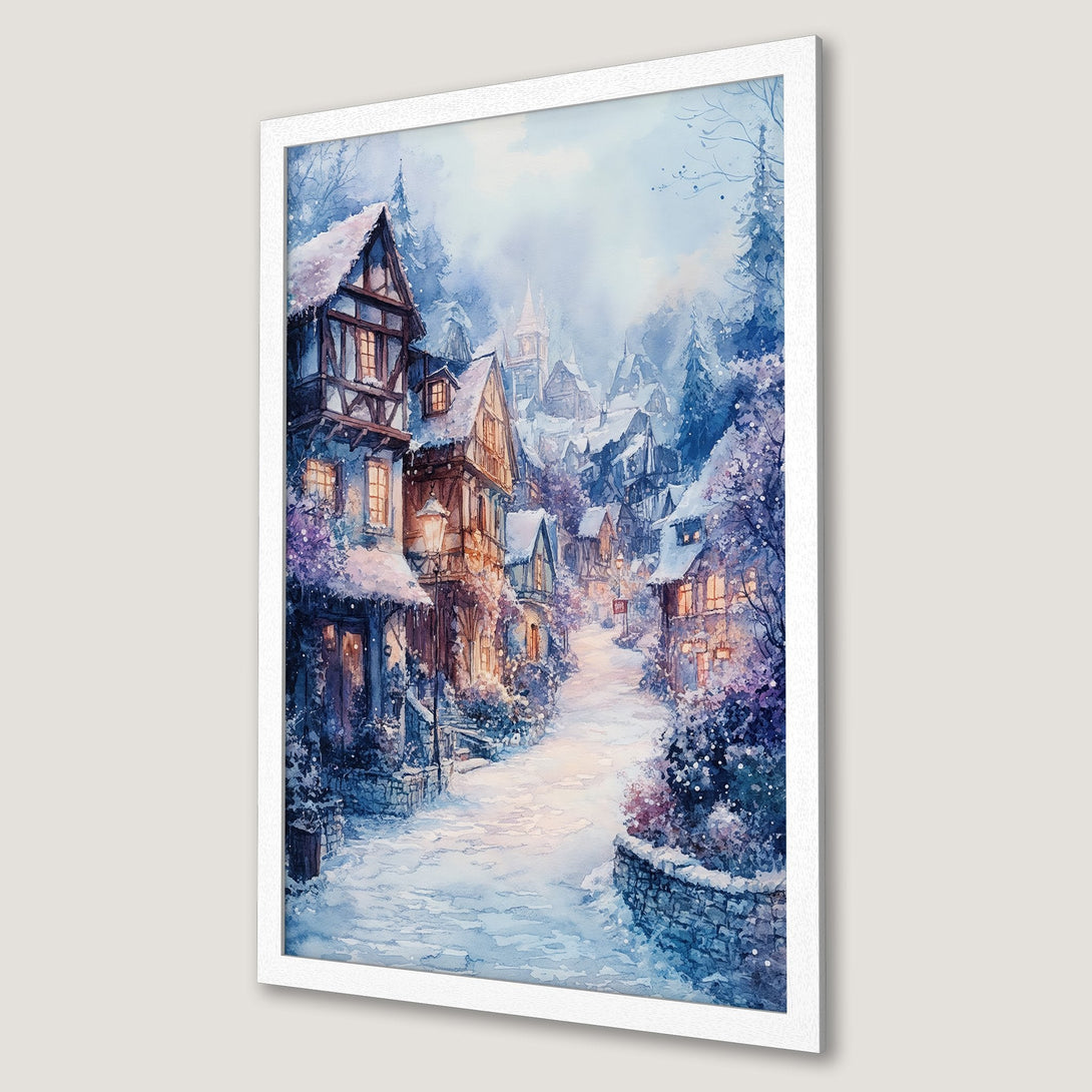 Framed Poster of a charming winter village scene in watercolor style, with a cool blue and purple color palette. Perfect wall art!