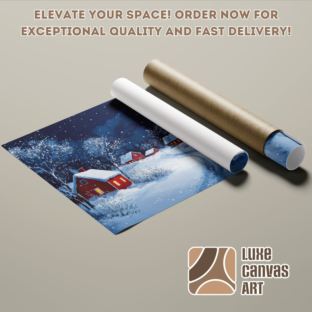 Winter landscape Poster Roll art print in blue, white, and red. Elevate your space!