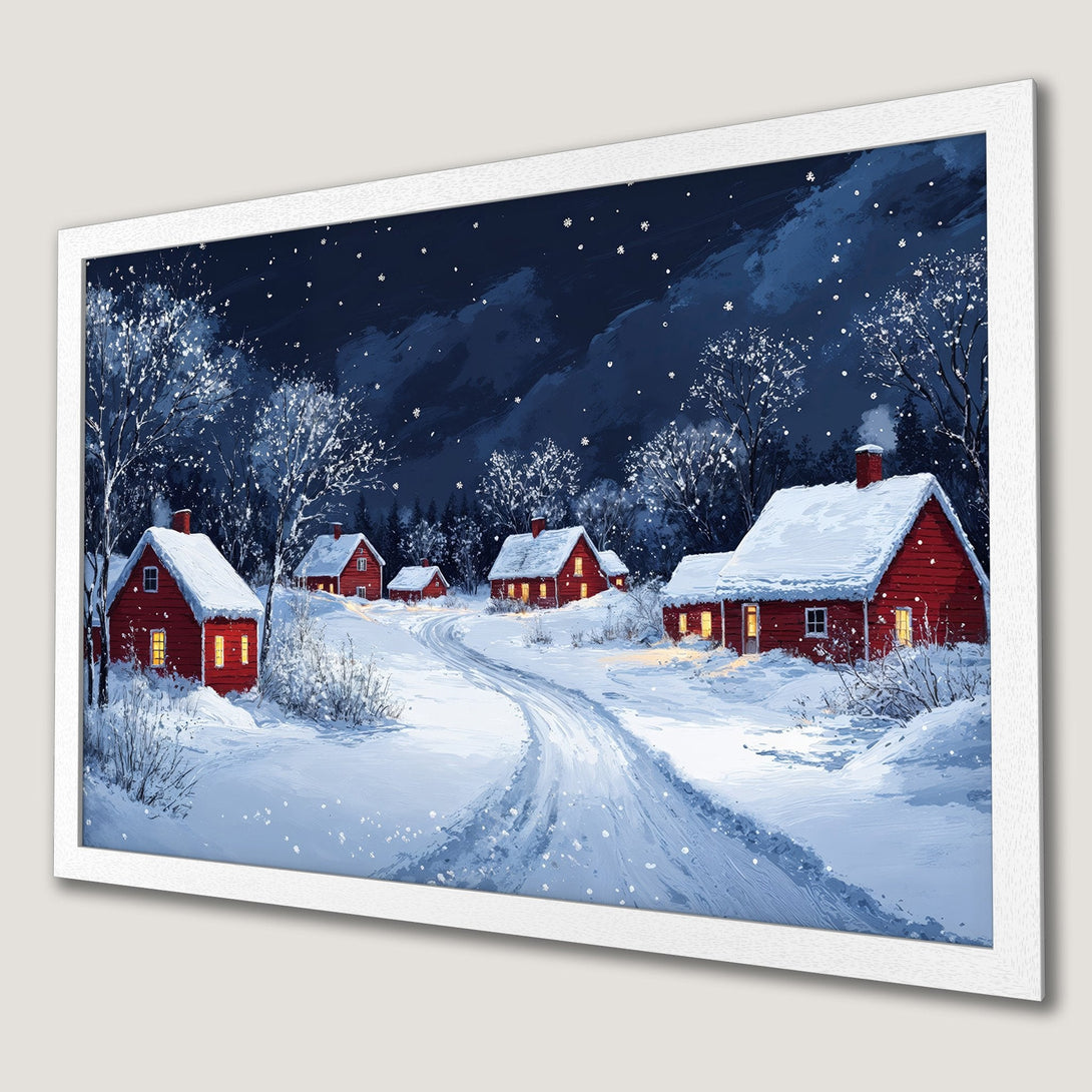 Framed Poster of a winter village scene. Cozy red houses in a snowy landscape, painted in a dreamy style with a blue and white color palette.