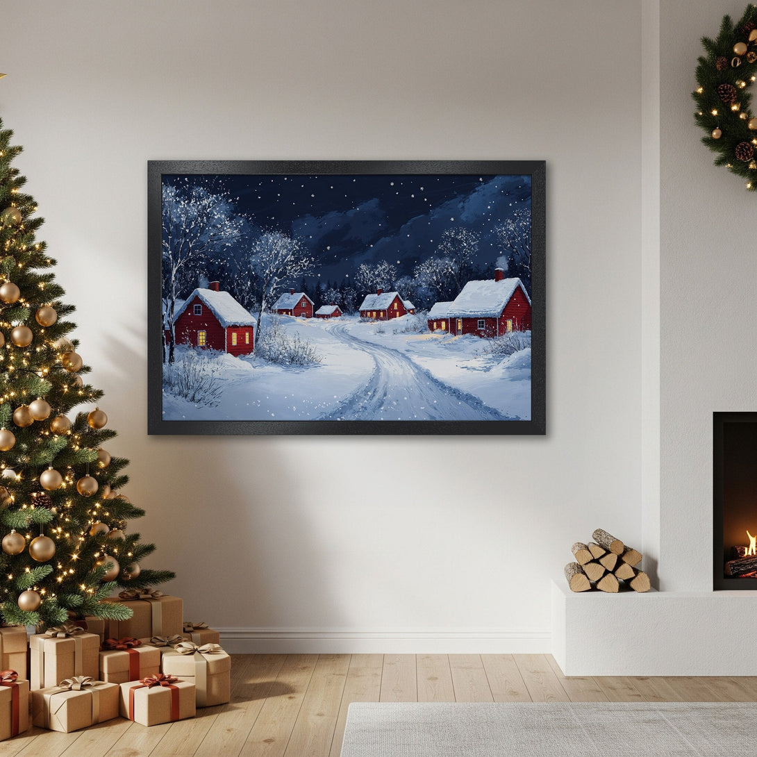 Framed Poster featuring a winter village scene. Cozy art print with a blue, white, and red color palette, perfect for holiday decor.