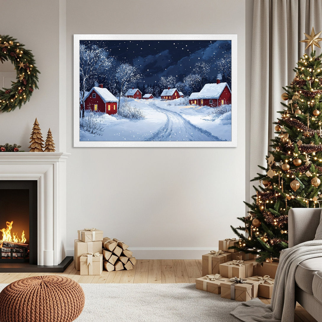 Framed Poster featuring a winter village scene in a dreamy, painterly style with a cool blue and red color palette. Perfect holiday decor!