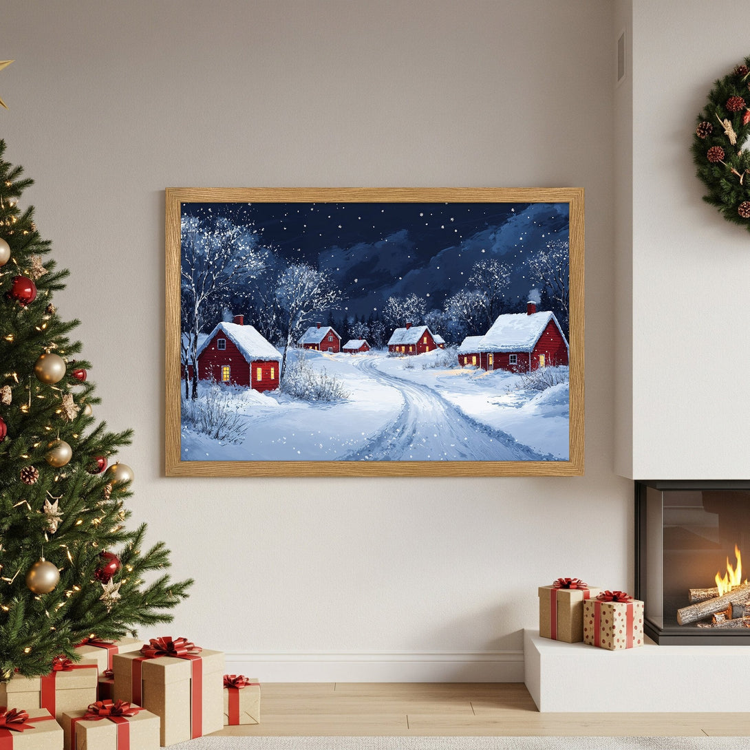 Framed Poster of winter village scene in blue and red tones, perfect for Christmas decor. Cozy art print.