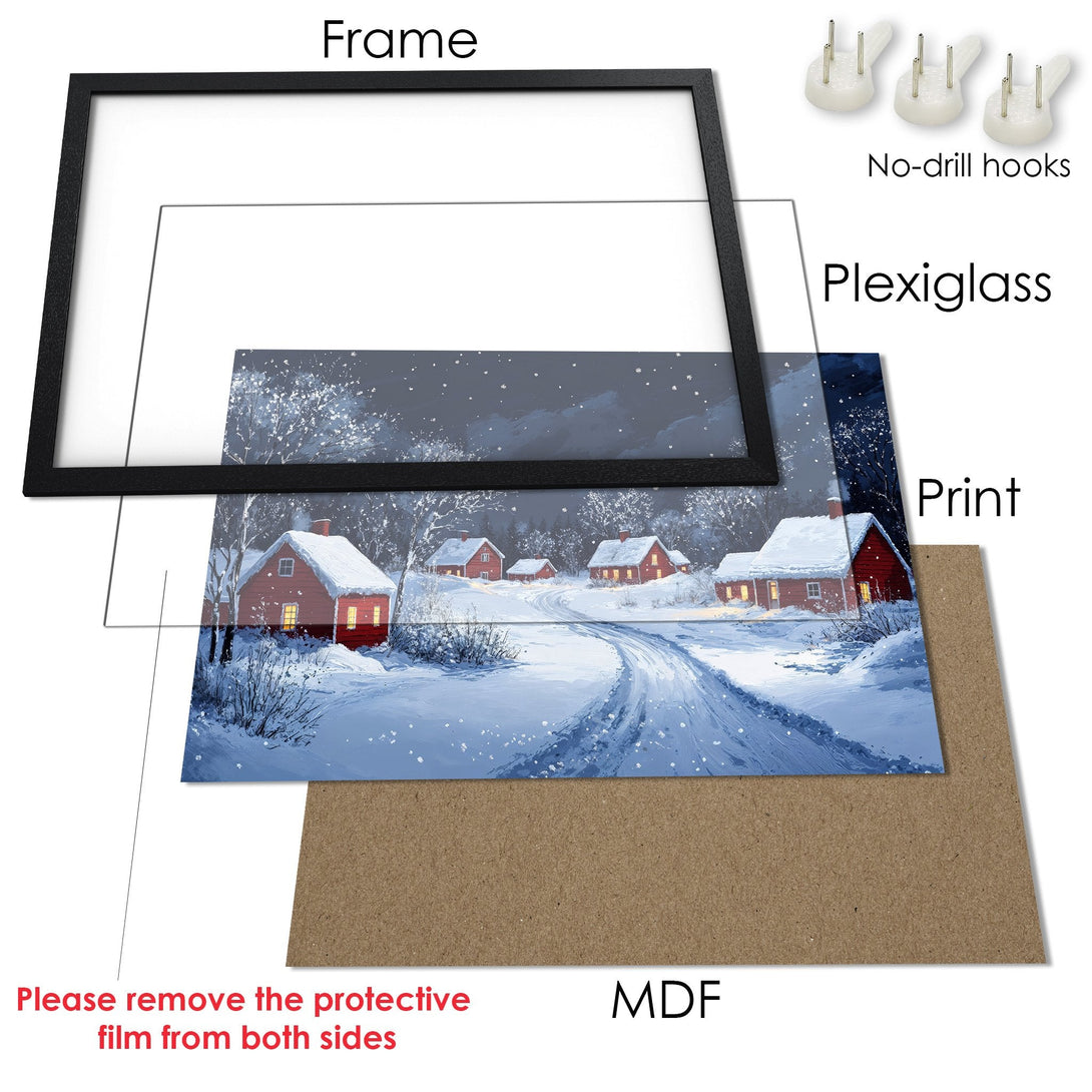 Framed Poster featuring a winter landscape painting with red houses, in a blue and white color palette. Perfect for cozy decor!