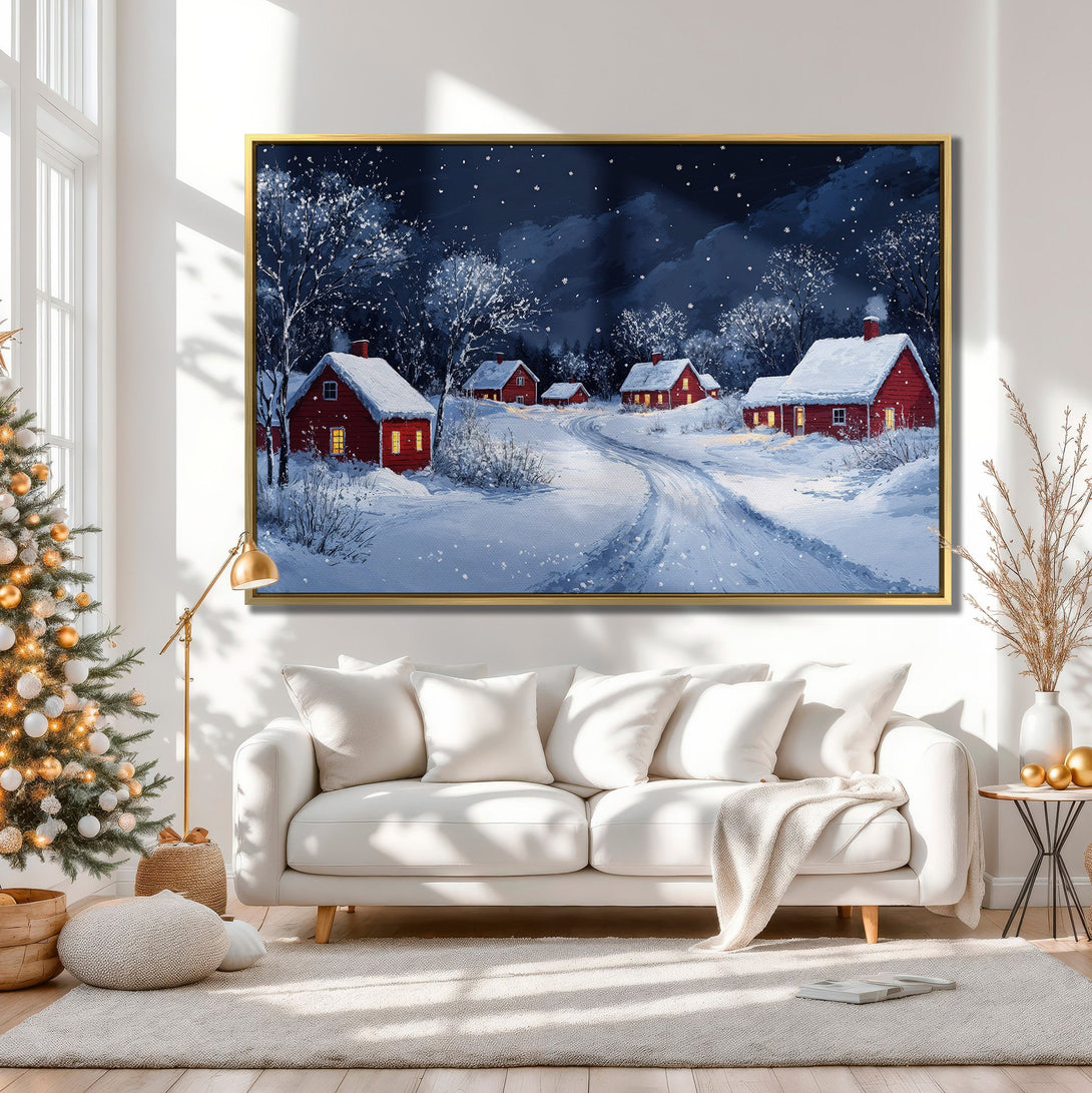 Canvas Print of a winter village scene in a cozy interior. Features red houses, snowy road, and a blue/white color palette. Perfect holiday decor!