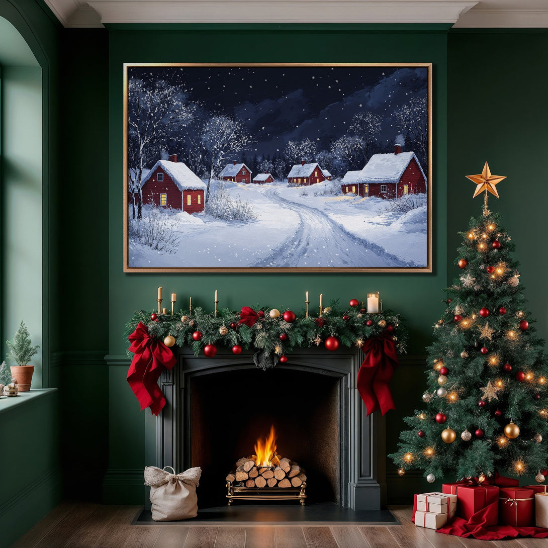 Framed Wall Art: Winter scene Canvas Print with red houses, snowy landscape, and a cozy, warm color palette. Perfect for holiday decor!
