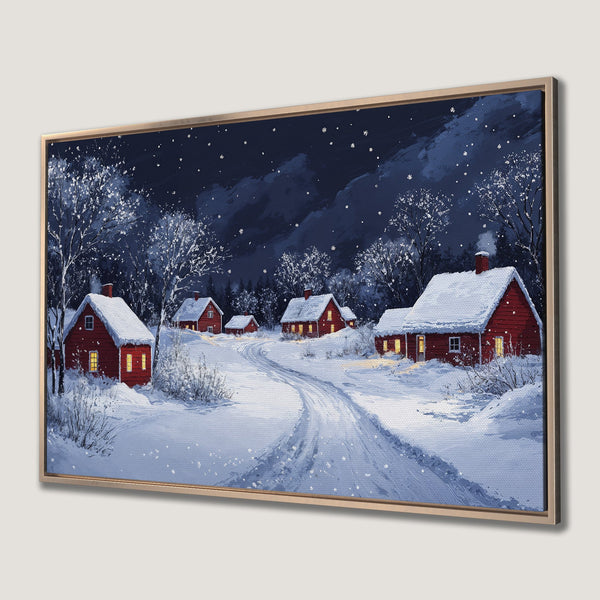 Framed Wall Art: Winter landscape Canvas Print with red houses, snowy road, and a dark blue and white color palette. Cozy winter decor.