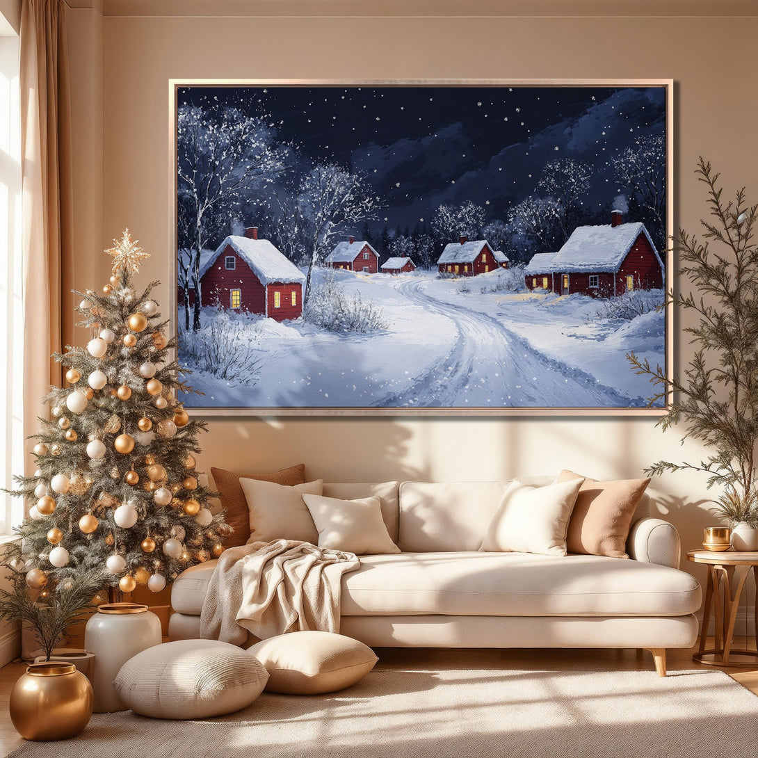 Framed Wall Art: Winter village scene in blue, white, and red. Cozy landscape Canvas Print perfect for holiday decor. Add warmth & style to your home.