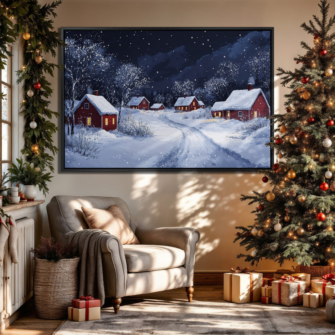 Framed Wall Art: Winter scene Canvas Print with red houses, snowy landscape, and a cozy interior. Perfect for Christmas decor!