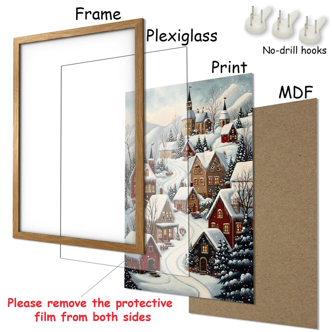 Framed Poster of a winter village scene. Cozy art print with a warm color palette. Ready to hang wall decor.