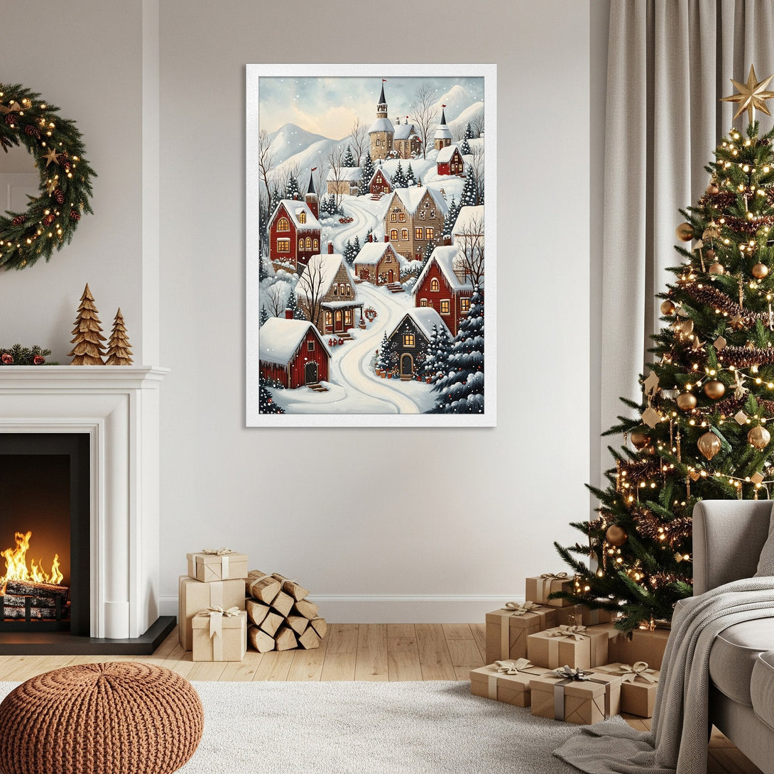 Framed Poster of a snowy village scene. Watercolor style, warm red and brown tones. Perfect Christmas decor!